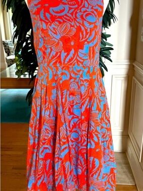 Talbots Orange & Blue Floral Fit-and-Flare Midi Dress, great condition, 8p